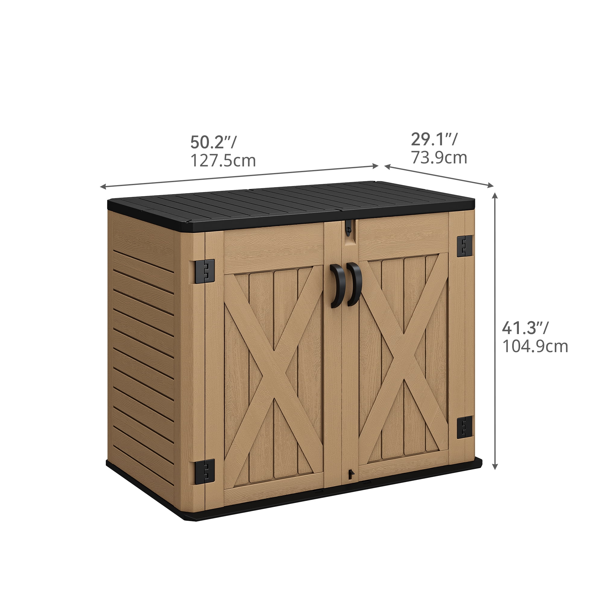 Outdoor Horizontal Storage Shed with X-Shaped Lockable Door, 35 Cu Ft Weather Resistant Resin Tool Shed