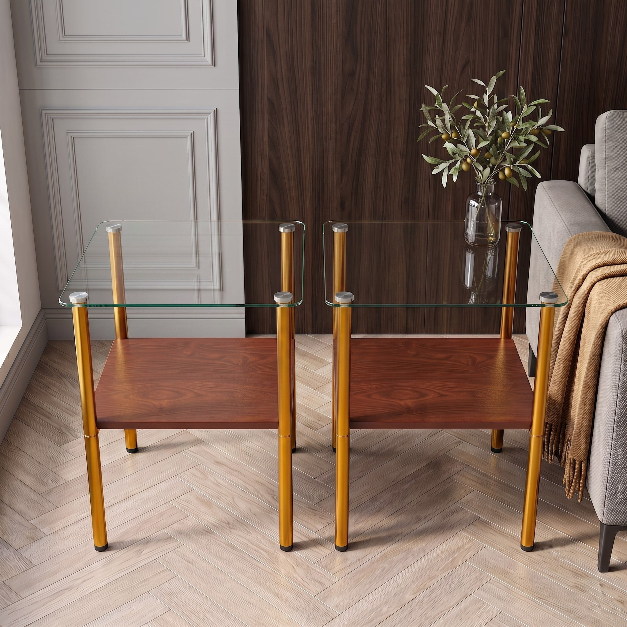 2-piece Modern Rectangular Glass Side Table, Tempered Glass Tabletop, MDF Storage Shelf & Metal Legs, Minimalist Sofa Side Table for Living Room & Bedroom