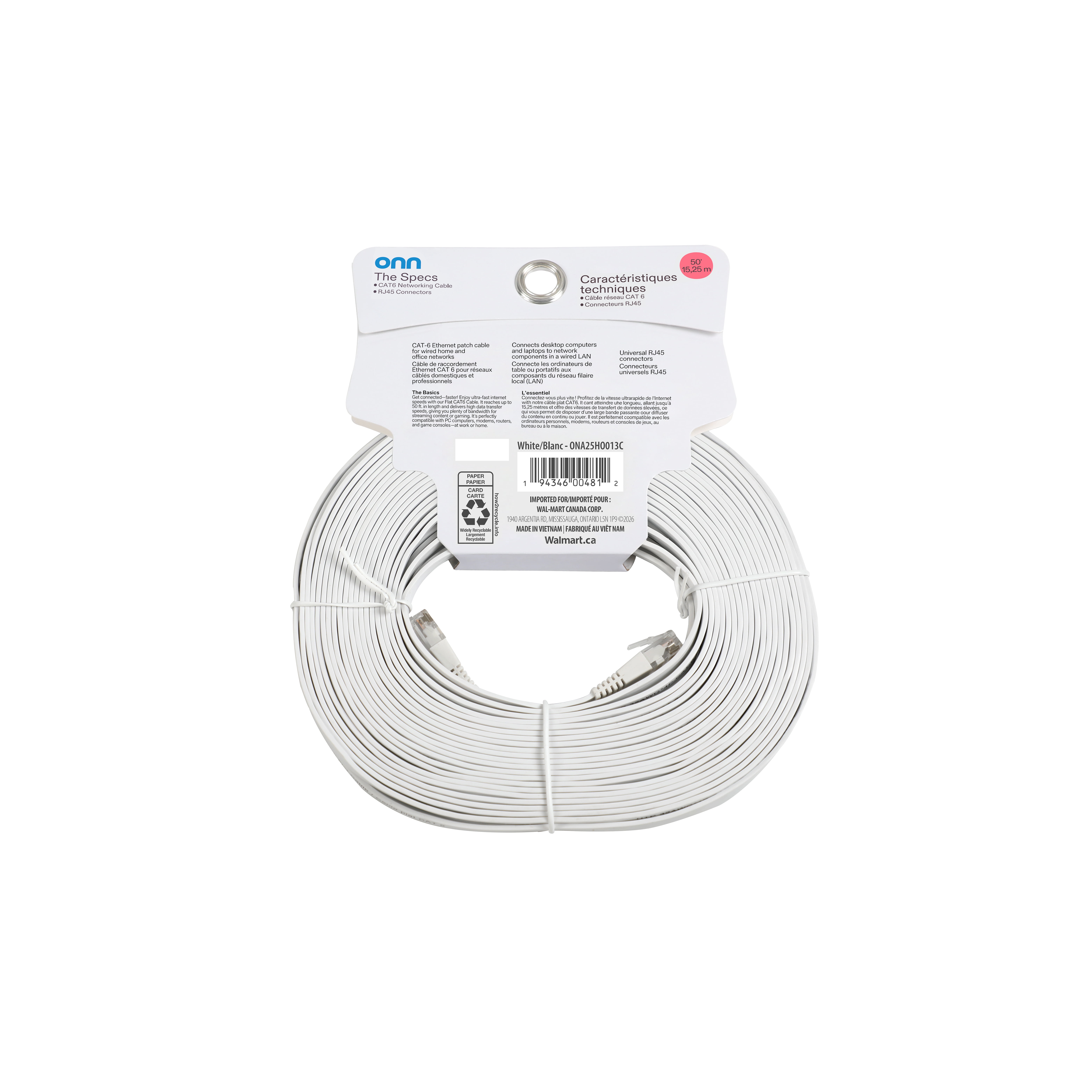 Onn Flat 50 FT/15.25 m CAT6 Networking Cable - White