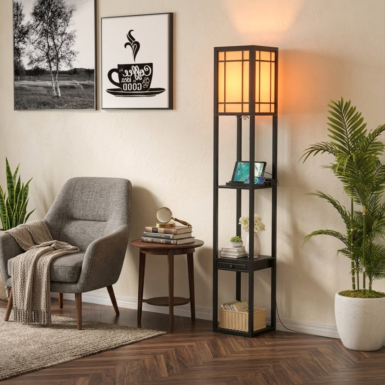 Vebreda Modern Floor Lamp with Storage Shelves and Drawer with Pull Chain Switch for Living Room Bedroom-Black | Shelf Standing Lamp