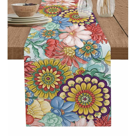 Boho Floral Table Runner Bohemia Country Colorful Mandalas Flower Tablerunners 13 x 120 Inch, Table Decorations Tabletop Scarf for Summer Gathering Holiday Farmhouse Kitchen Dining Decor