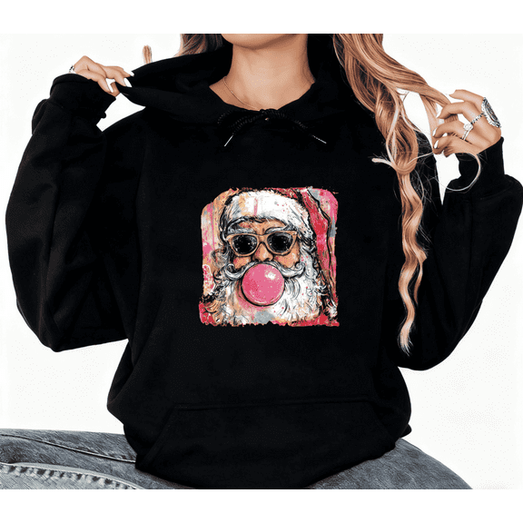 Merry Christmas Cool Santa Bubble Gum Graphic Casual Tee T-Shirt Print Top Hooded long-sleeved Black S-2XL