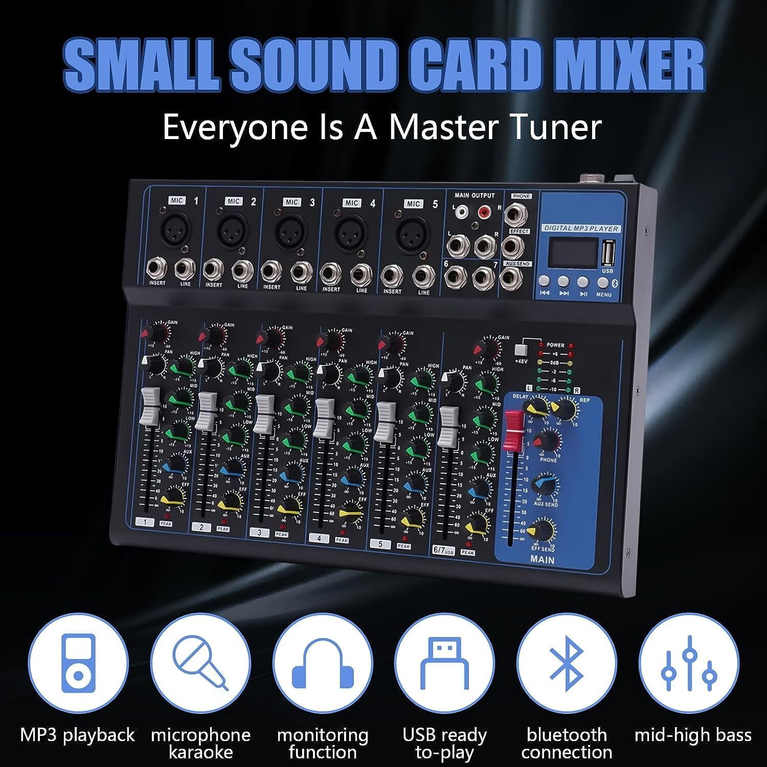 Mixer 7 Channels Studio Audio Mixer DJ Live Sound Mixing Console Bluetooth Mixer