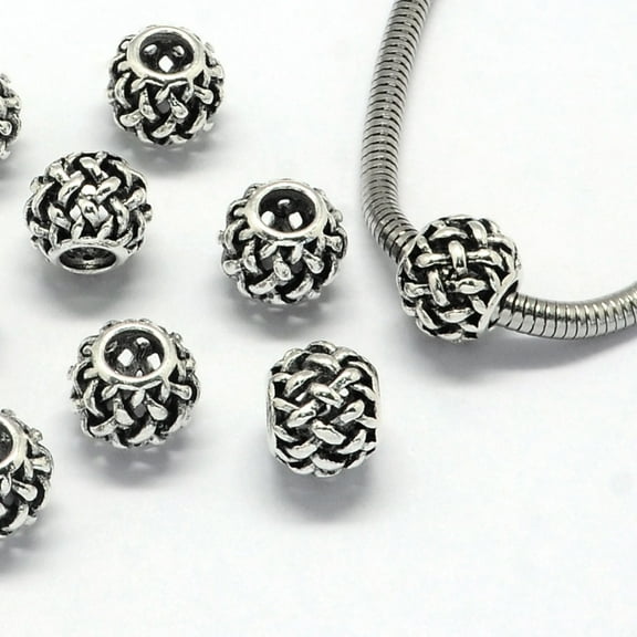 BD029 - 10 pcs Antique Silver Weave Metal Rondelle Ball Spacer Beads - 11mm - Large Hole: 4.5mm - Fits European Cords and Paracord!