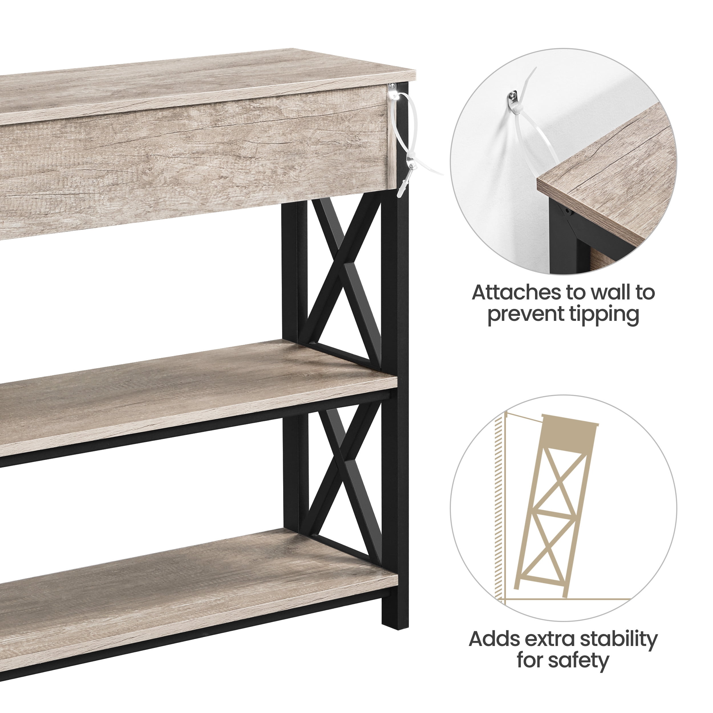 Alden Design Wood and Iron Console Table, 1 Drawers and 2 Shelves, Rustic Gray with Dark Frame