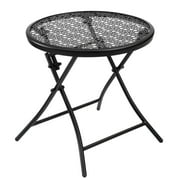 TeoKJ Folding Outdoor Side Tables Anti Rust Small Patio Table Round Metal End Table with Embossed Flowers Porch Yard 17.71" Height -Black