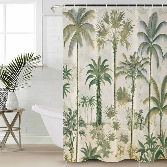 Palm Tree Waterproof Fabric Shower Curtain, Sage Green Tropical Nature Plant Watercolor Shower Curtain for Bathroom Curtains Bathtubs Hotel Washable Shower Curtains with 12 Hooks Extra Long 72x84