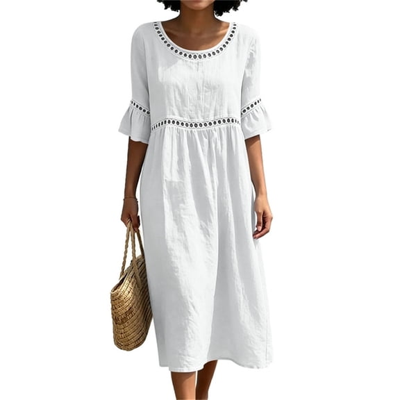 YuXingFu Summer Dresses for Women 2026 Maxi Crew Neck Plus Size Womens Dress 3/4 Sleeve Solid Color Long Casual Summer White S