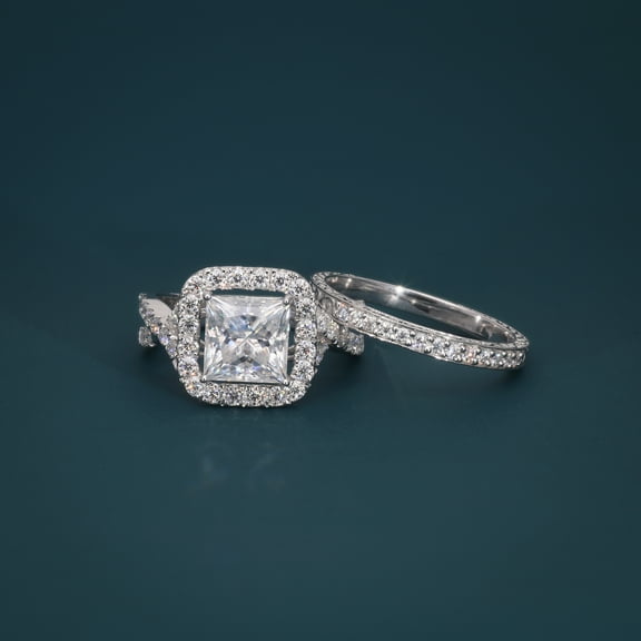 CAPRI CARATS 2ct Princess Moissanite Wedding Ring Set - Vintage Inspired Halo – Twisted Band with Pave Accents in 10K White Gold for Women