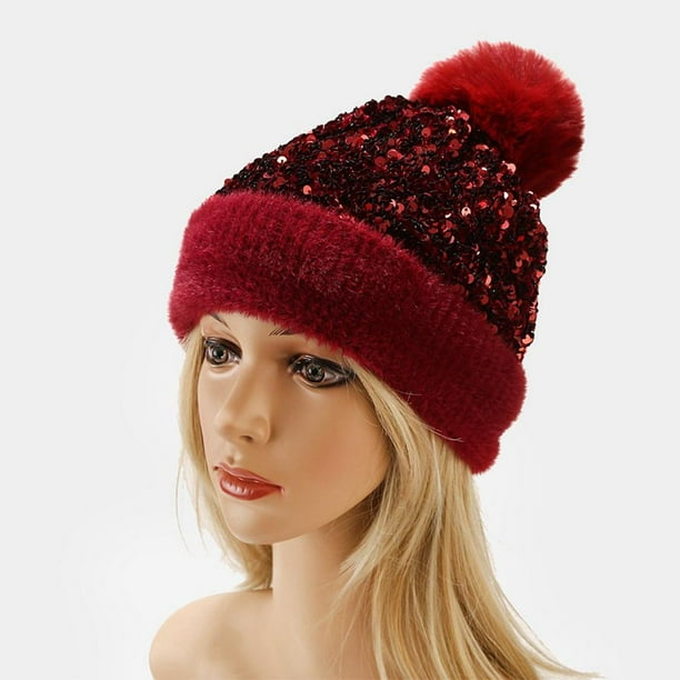 Gorro de punto de lentejuelas para mujer con pompón de piel sintética brillante Bling invierno suave cálido esquí gorras rojo Vino rojo Yinane mujer gorro de invierno