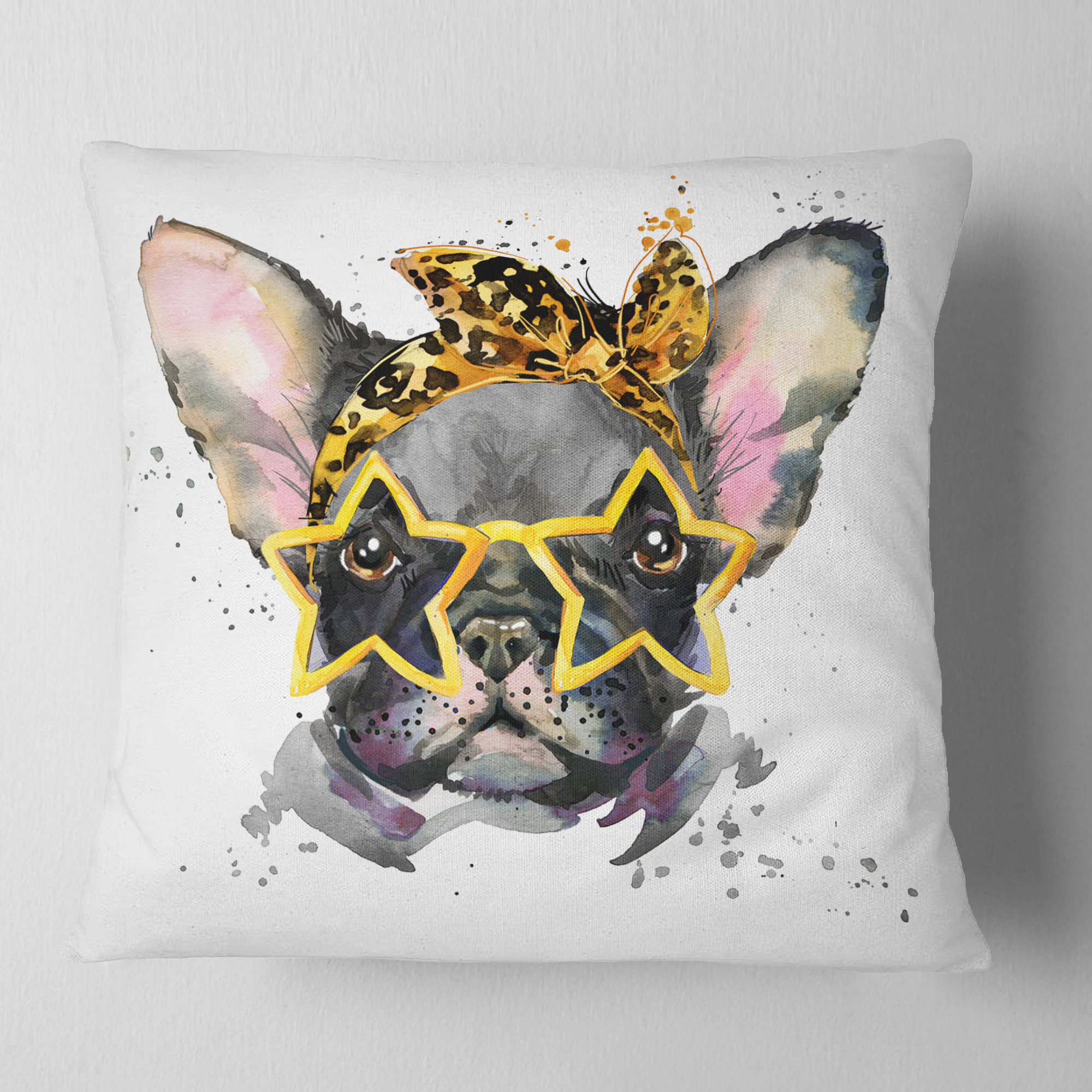 Designart French Bulldog with Star Glasses - Animal Throw Pillow - 18x18