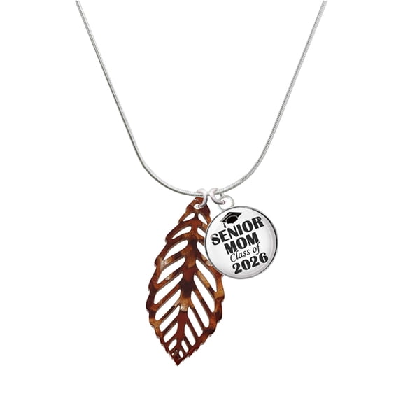Delight Jewelry Acrylic Large Leaf Pearly Brown - Silvertone Senior Mom Class of 2026 Dome Necklace, 18"