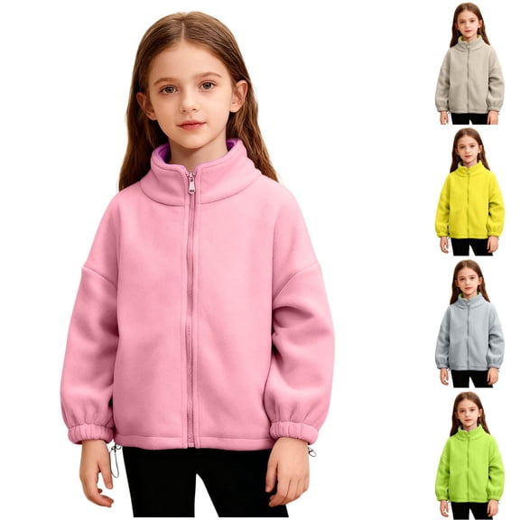 Girls Polar Fleece Jacket Fuzzy Sherpa Zip Up Stand Collar Coat Fall Winter Warm Outwear with Pockets for Kids 3-12 Years