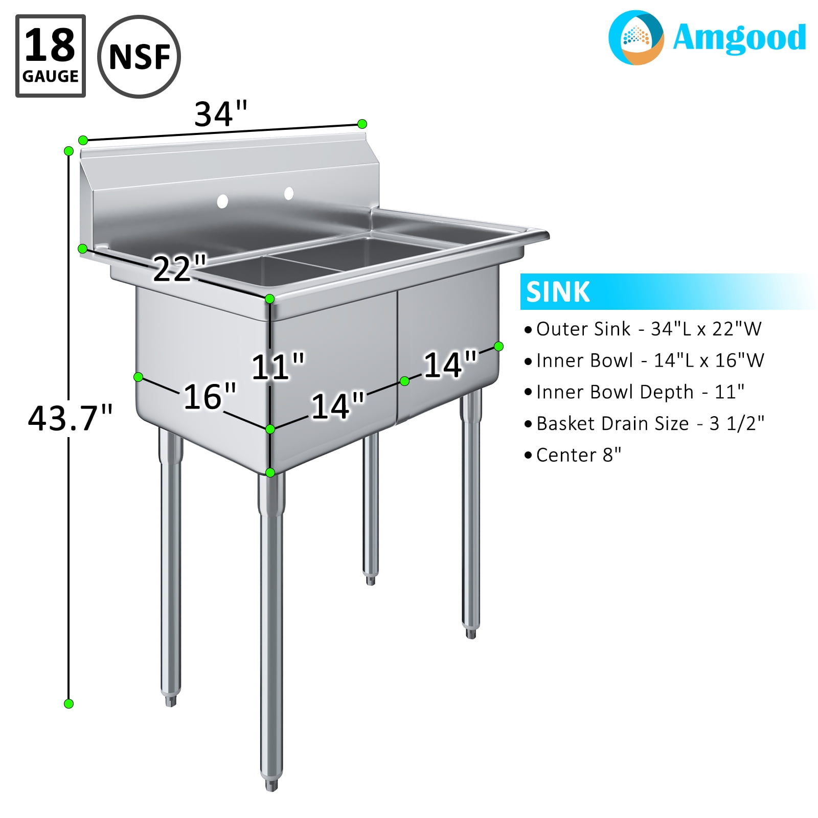 AmGood 22 in. x 34 in. Stainless Steel Two Compartment Sink with 14 in. x 16 in. x 11 in. Bowls