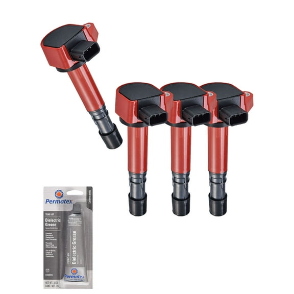 Set of 4 Red Ignition Coils and Tune-Up Grease Compatible with 2003-2004 Honda Pilot 3.5L V6 3475cc -ci Replacement for UF307, UF400, UF512