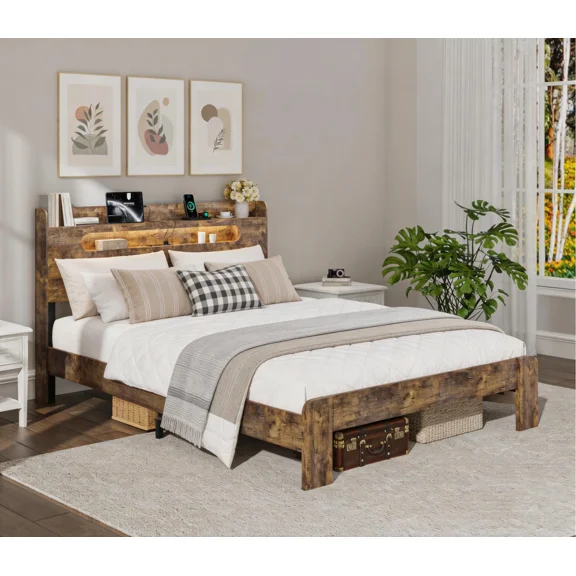 Wooden Queen Size Bed Frame with Storage Headboard, Rustic Farmhouse Platform Bed with Charging Station and LED Lights, No Box Spring Needed, Noise-Free, Easy Assembly, Brown