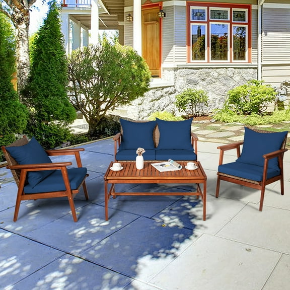 Gymax 4-Pieces Patio Conversation Set Wood Frame Furniture Set with Navy Cushions