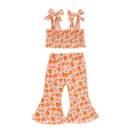 

WakeUple Toddler Girls Bell Bottoms Outfits Baby Tank Tops Ribbed Crop Tops Floral Flare Pants Kids Summer Clothes