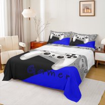 Manfei Gamer Gaming Lover Bed Sheets for Boys, Cartoon Game Console King Sheets, Black Blue Sheet Set, Luxury Bedroom Decor, 4 Pieces