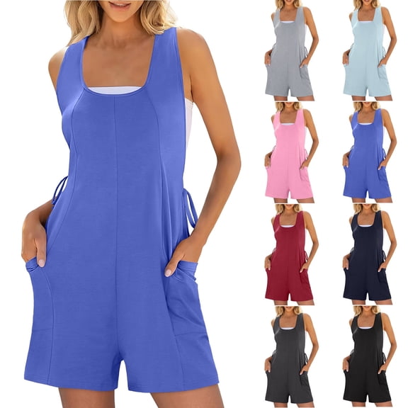 Lovskoo Shorts Overalls for Women Sleeveless Adjustable Strap Short Rompers Jumpsuit with Pockets Blue M