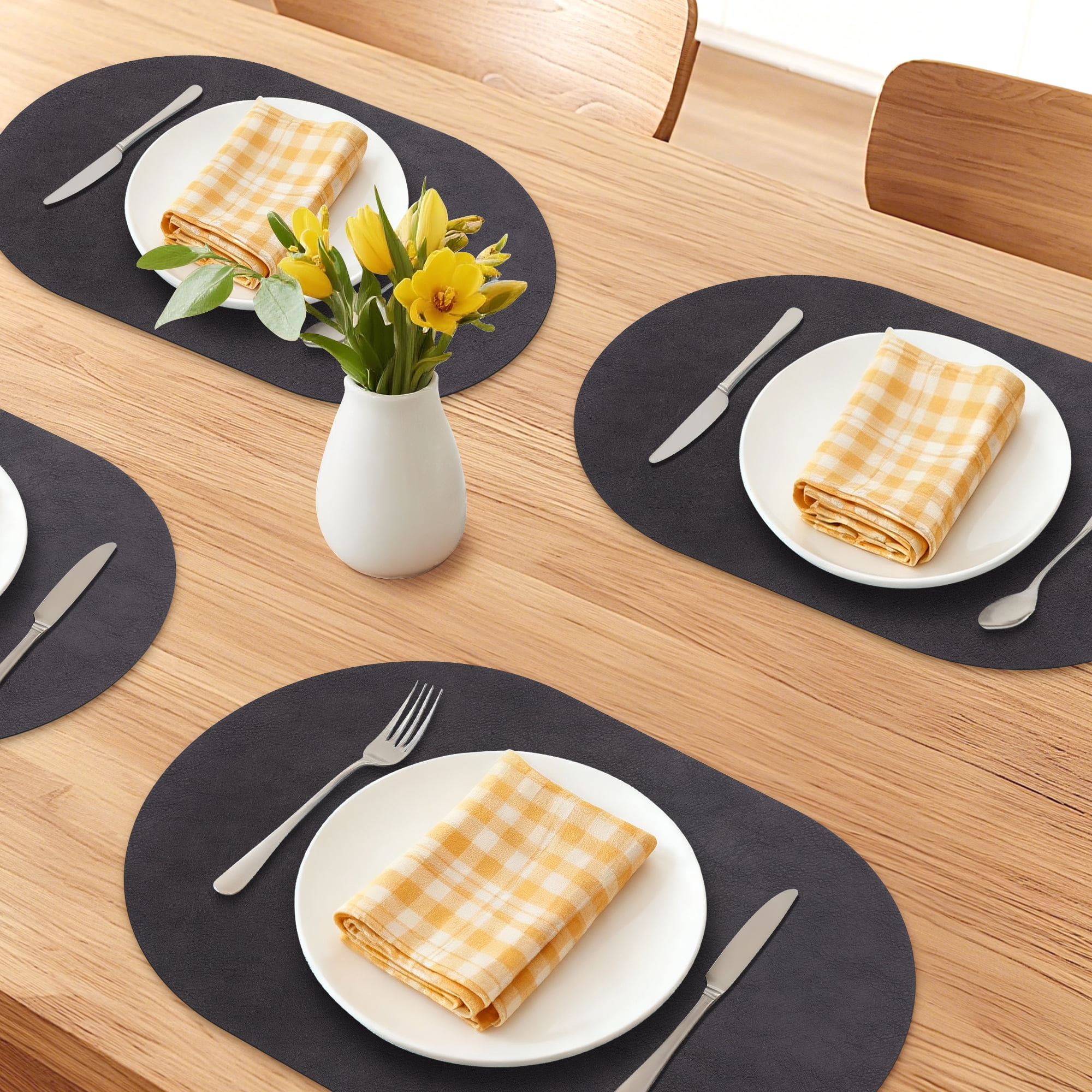 Unique Bargains 6pcs Oval Table Mats for Kitchen Black Brown/Black 17.3"x11.8"