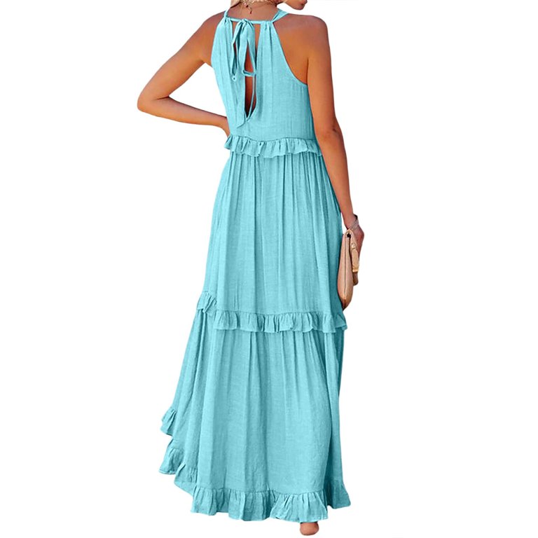 Womens Summer Sleeveless Dresses Halter Tie Back Ruffled Tiered Maxi Dress  Swing Long Dress with Pockets - Walmart.com
