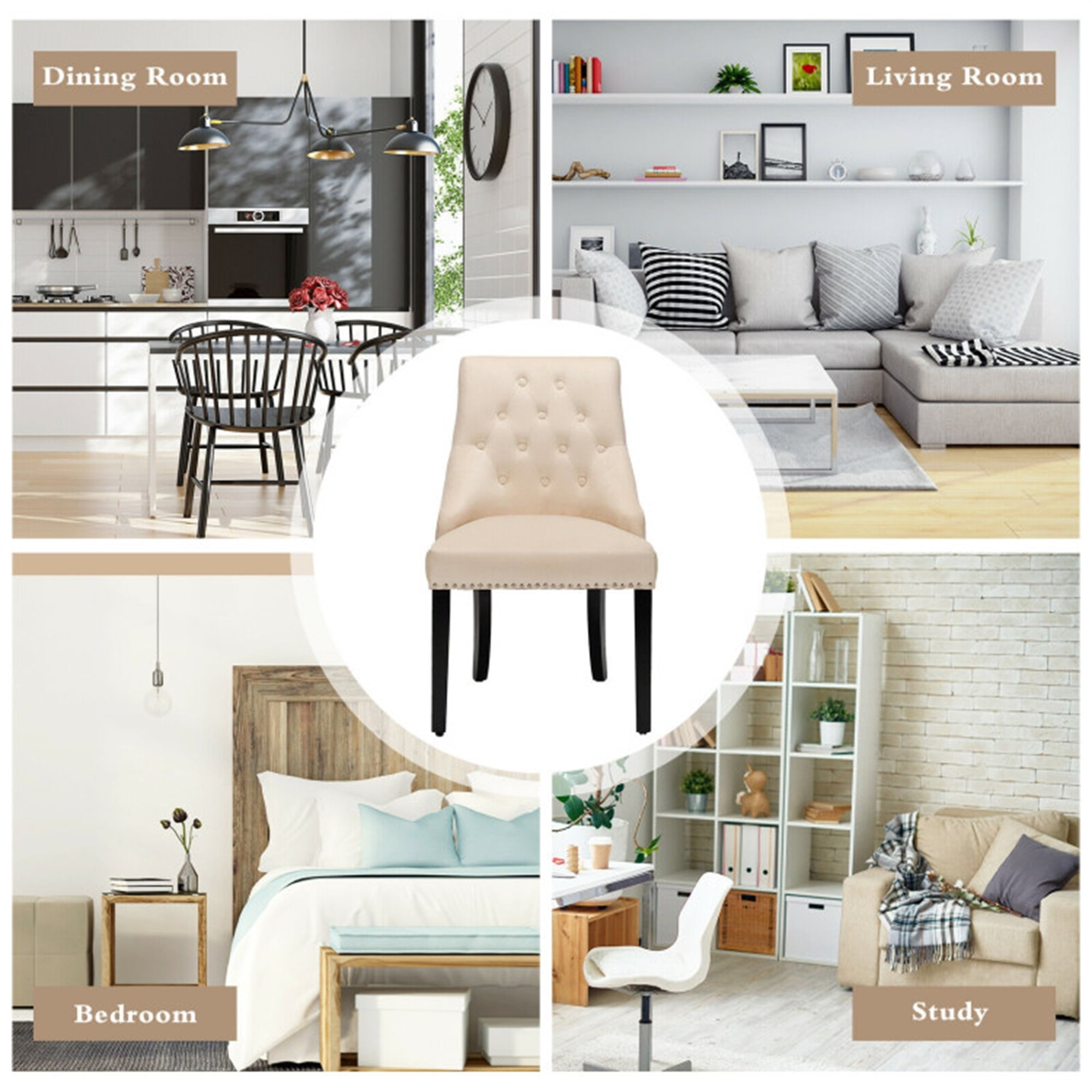 Demi Bonn Modern Upholstered Button-Tufted Dining Chair with Naild Trim and Backrest, Beige