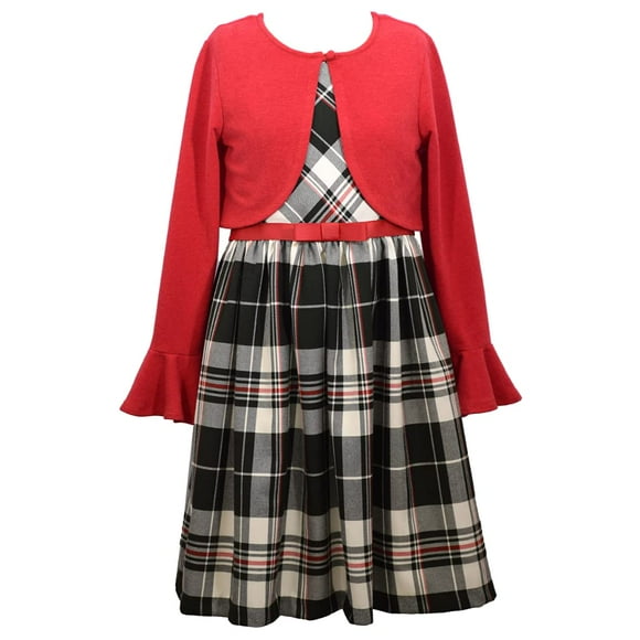 Bonnie Jean Girl's Holiday Christmas Dress - Black and White Plaid with Red Sweater Cardigan, Red Black White, 3T