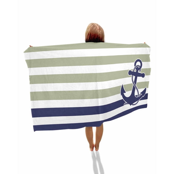 Striped Anchor Beach Towels Oversized Super Absorbent, Navy Blue Nautical Sage Green Geometric Lightweight Bath Towel Quick Dry Sets For Bathroom/Pool/Rv Camping/Beach Play/Gym Room/Picnic 31"x62"
