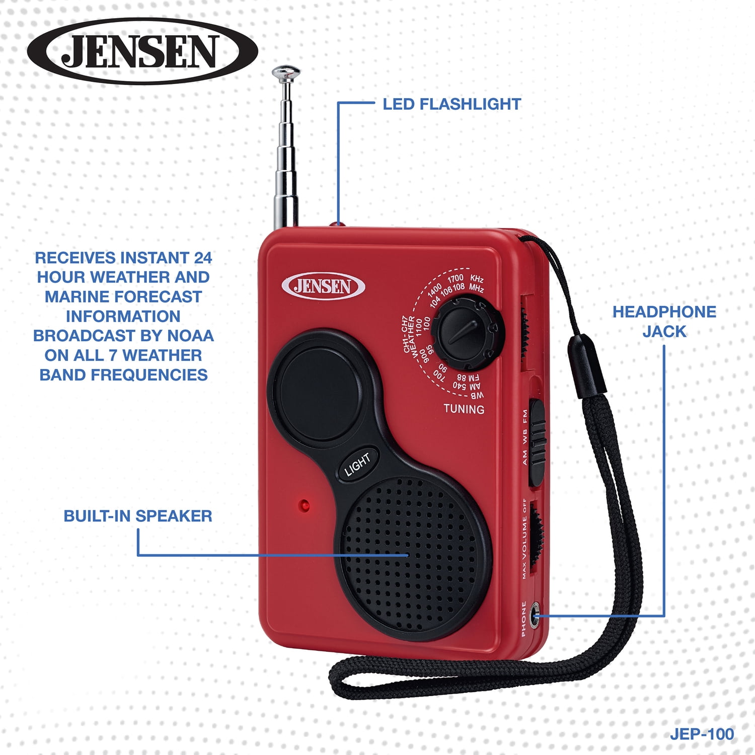 JENSEN Portable NOAA Emergency Weather Radio with Digital AM/FM/Alerts, LED Flashlight, AAA Battery Powered, JEP-100