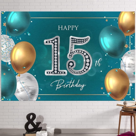 Happy 15th Birthday Banner Backdrop - 15 Years Old Birthday Decorations Party Supplies for Girls Boys - Green Silver