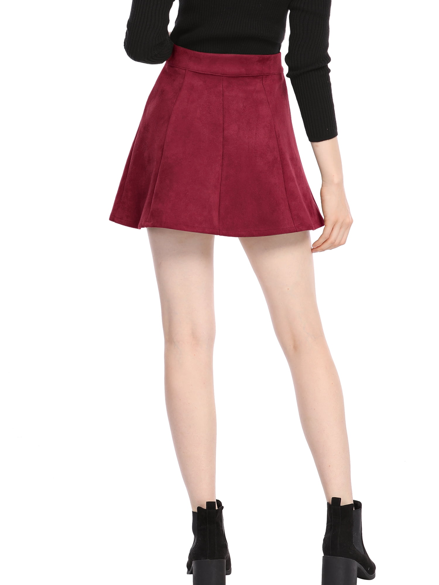 DARING DIVA Women's Faux Suede Button Front Mini A-Line Skirt L Dark Red