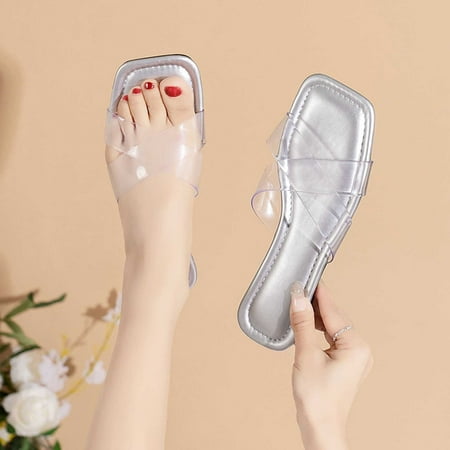 

Wavsuf Slides for Women Casual Summer Solid Wide Transparent Silver Slides Slippers Size 9.5