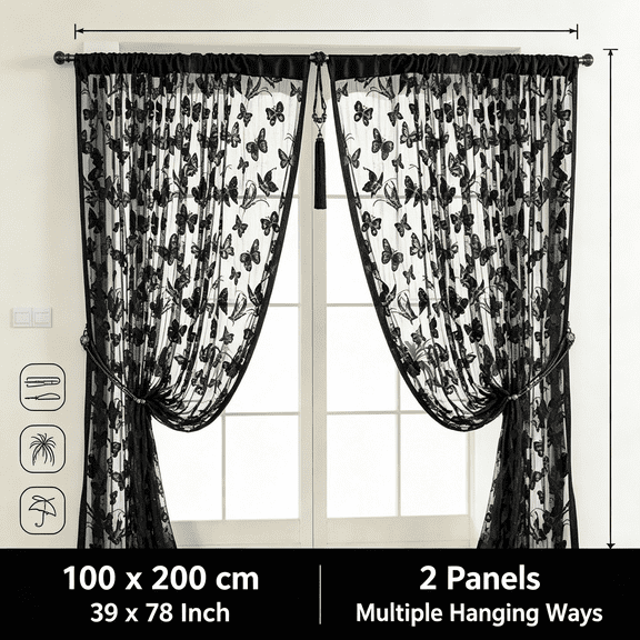 Black Lace Curtains Vintage Gothic Butterflies Embroidery Panels Rod Pocket Curtains for Living Room Bedroom Window Door 39x78in(Black, 2pcs)