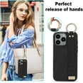 thumbnail image 3 of Finger Loop Ring Wrist Band Case for iPhone 16 Pro with Keychain, Adjustable Wristband Holder Kickstand [Stand Function] PU Leather Cover Case for Apple iPhone 16 Pro ZHD-Black, 3 of 8