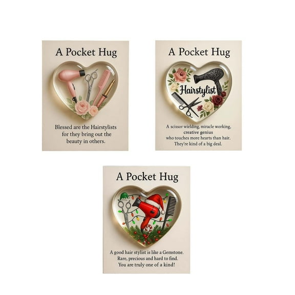 chaungfeng A Pocket Hugs for Hairstylists, Mini Hairdresser Tools Heart Pocket Hugs Inspirational with Greeting Card, Christmas Thank You Gift for Women Men Hairstylist (3pc)
