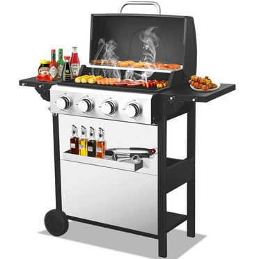 4 Burner Propane Gas Grill with Side Burner, 34200 BTU Outdoor Grill with Wheels, Stainless Steel Gas Grill