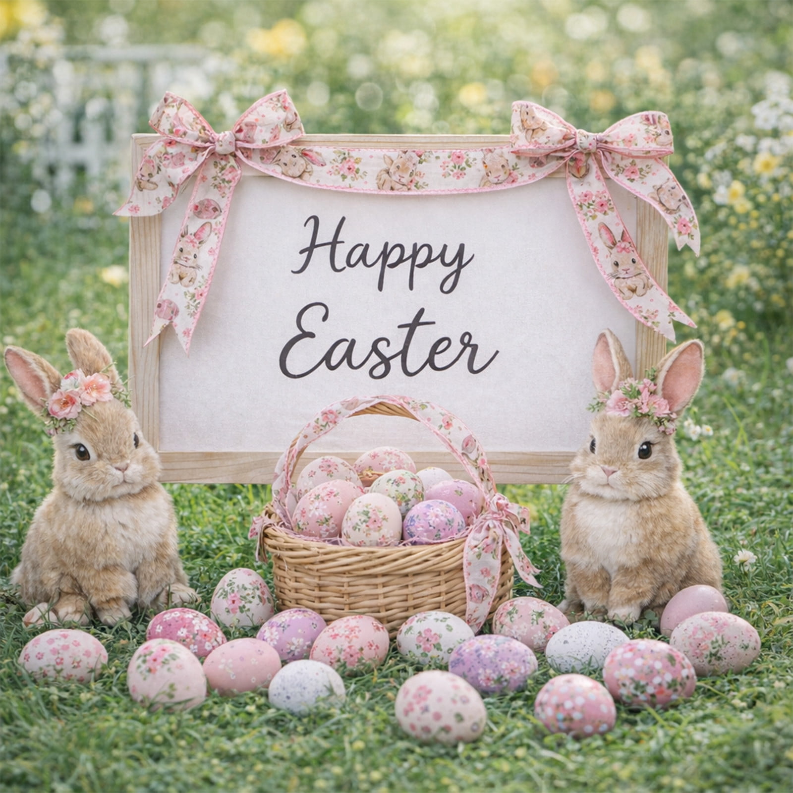 DAMAI Easter Wired Edge Ribbon Spring Floral Bunny Wired Ribbon Watercolor Easter Rabbit Flower Fabric Craft Ribbon for Gift Wrapping Floral Arrangement Wreath Bow DIY Crafts