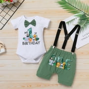 IBTOM CASTLE Baby Boy 1st Birthday Outfit Jungle Woodland Animal Romper + Bloomers + Suspenders 3PCS Clothes Set Photography 12-18 Months Teal Blue
