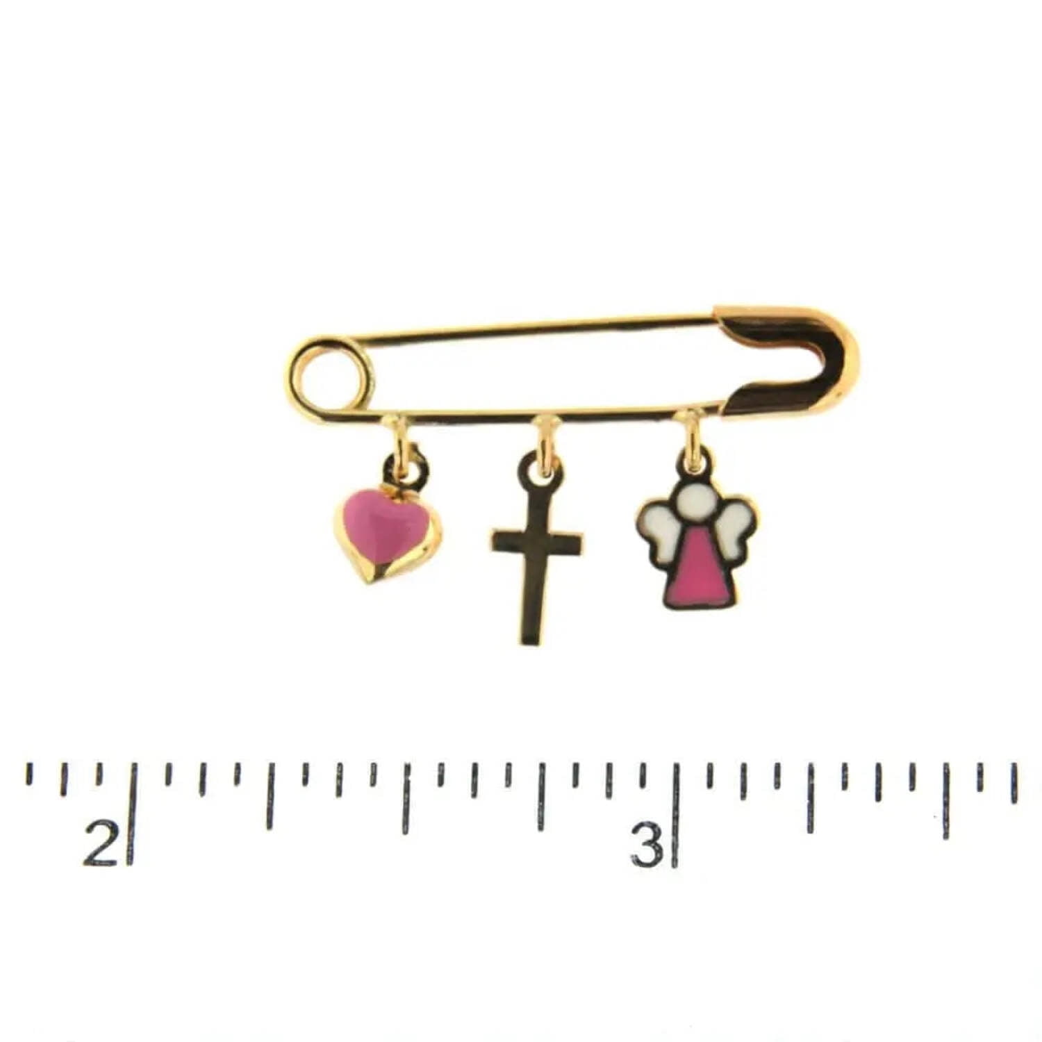 18k Solid Yellow Gold  Cross Pink Heart and Angel Enamel Safety Pin