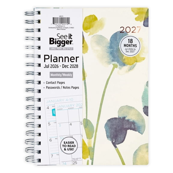 See It Bigger Monthly Weekly Medium Floral Planner, 7" x 9", 18 Months (Jul 2026 - Dec 2027)