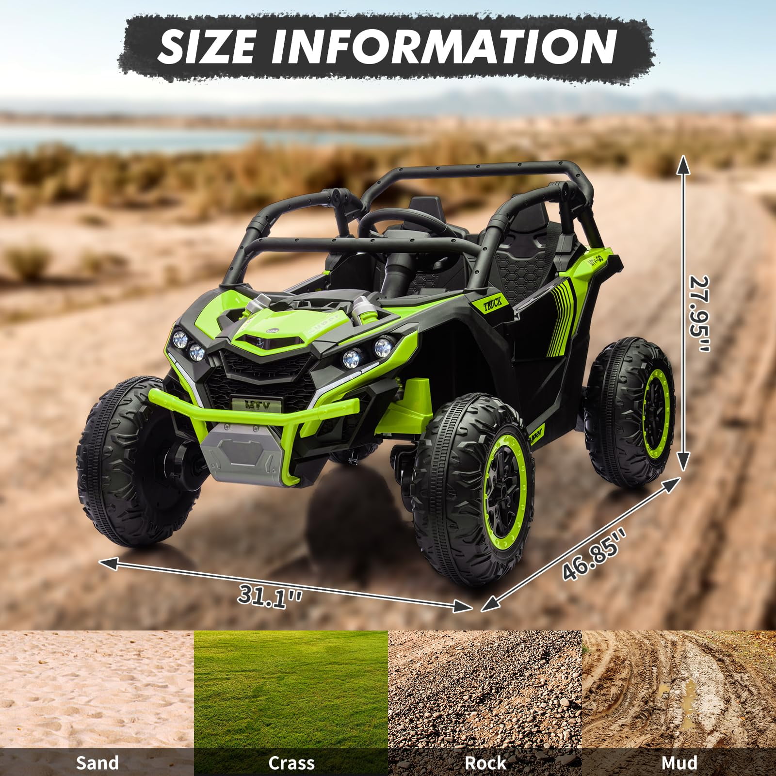 Luku 24V 2-Seater 4WD Kids Ride-On UTV, Parent Remote Control, 4 Shock Absorbers, LED Lights, Music, 3-Speed, Off-Road Electric Truck for Ages 3+