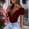 thumbnail image 7 of Fengqque Women's Knitted Rib T Shirt Half Zip V Neck Short Sleeve Casual Summer Slim Fit Top Wine XL(XL), 7 of 7