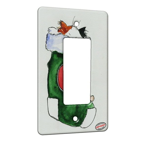 KuzmarK™ 1 Gang Rocker Wall Plate - Maine Coon Kitty and Mouse JOY Set Christmas Stocking O Cat Art by Denise Every