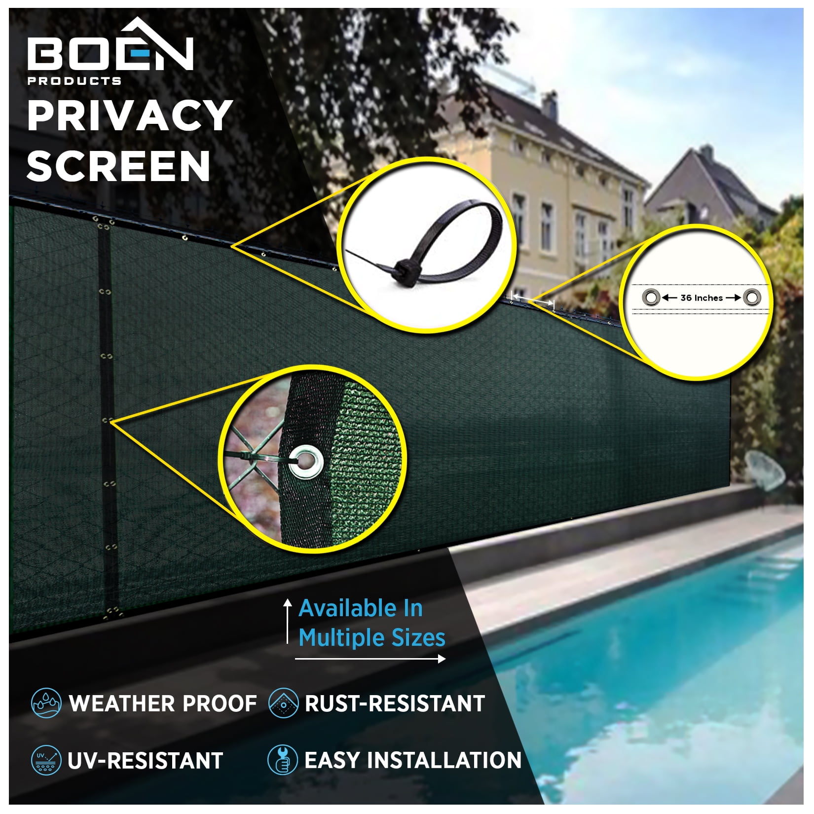 BOEN Privacy Fence Screen Netting, 92 in x 150 ft, Green, Reinforced Grommets, Construction Fence Screen
