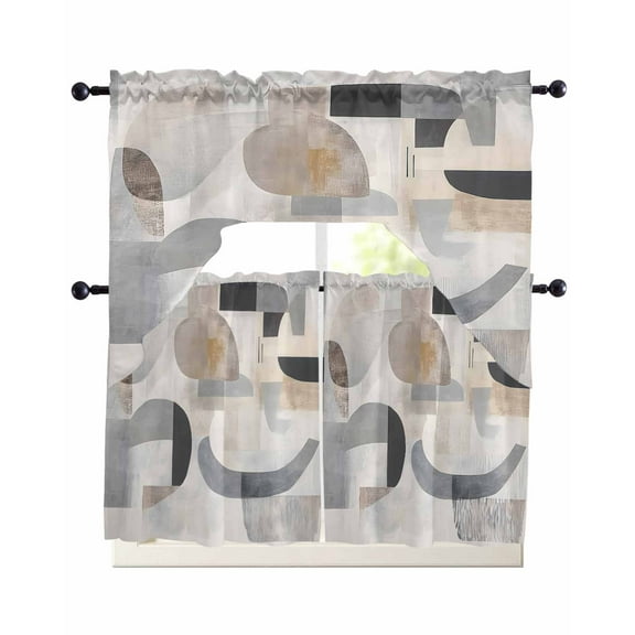 Abstract Gray Brown Kitchen Curtains Sets 24 Inch Length with Valance, Modern Geometric Art Swag Valances and Tiers Curtain Set Drapes Swag Curtains for Living Room, Bathroom, Bedroom, Cafe