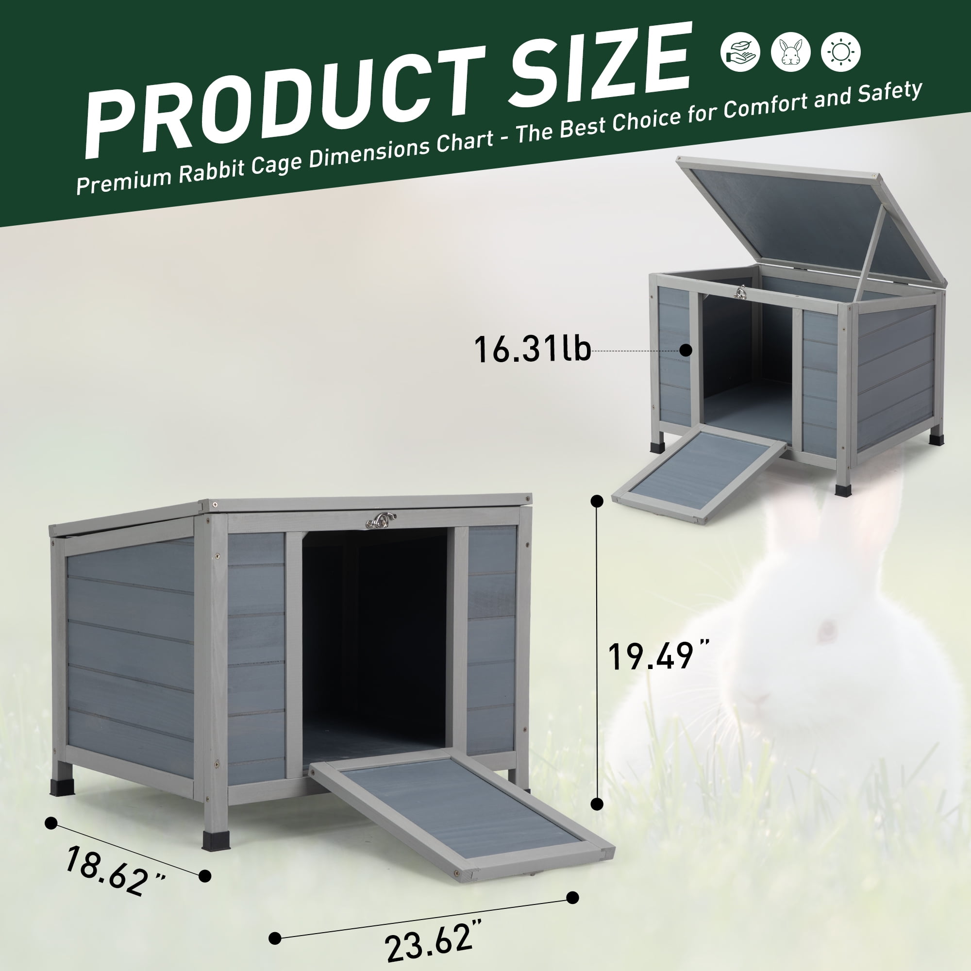 Pefilos 23" Outdoor Rabbit Hutch with Weatherproof Openable Top, Door Ramp, Wood Guinea Pig Habitat Cage Cat House Shelter, Gray