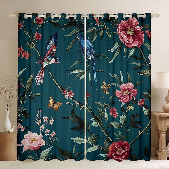 Castle Fairy Animal Birds Butterflies Black Out Curtains for Boys Girls,Chic Floral Flowers Curtains Pack of 2 (42x63 Each),Vintage Aesthetic Bedroom Curtains,Luxury Bedroom Decor