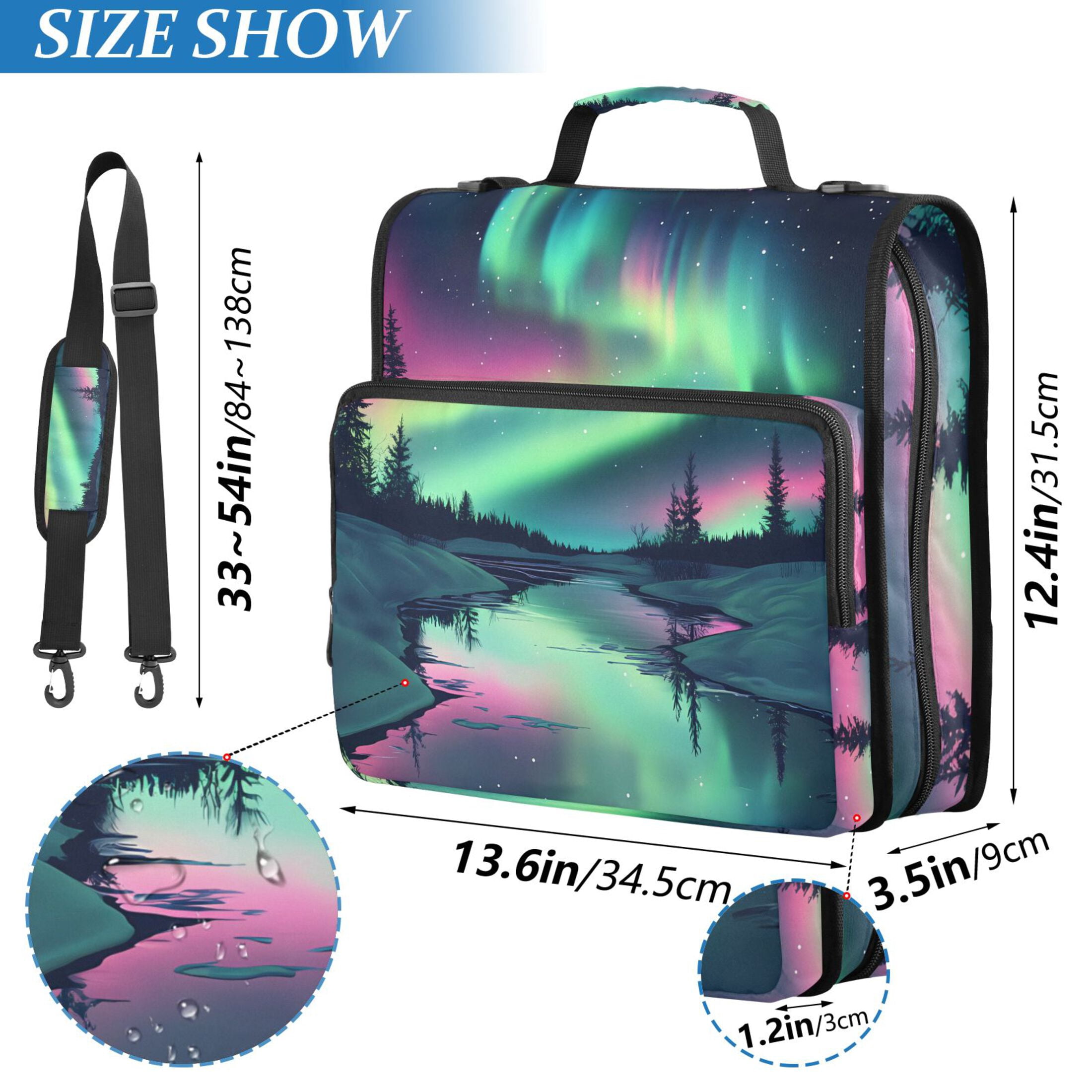 3 Ring Zipper Binder with Shoulder Strap Waterproof Trapper Keeper 2 Inch D-Ring 500 Sheets Capacity Snow Aurora