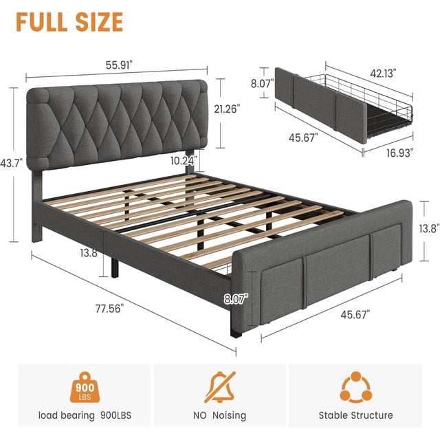 Bingirl Full-Size Upholstered Platform Bed Frame with Storage Drawers, Solid Wood Slats, Grey, No Box Spring Required